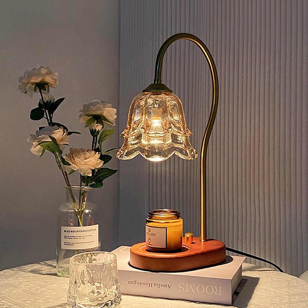 Vintage Flower Glass Candle Warmer Lamp with Wooden Base