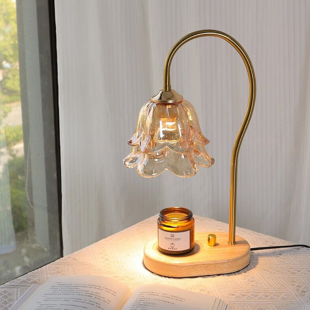 Vintage Flower Glass Candle Warmer Lamp with Wooden Base