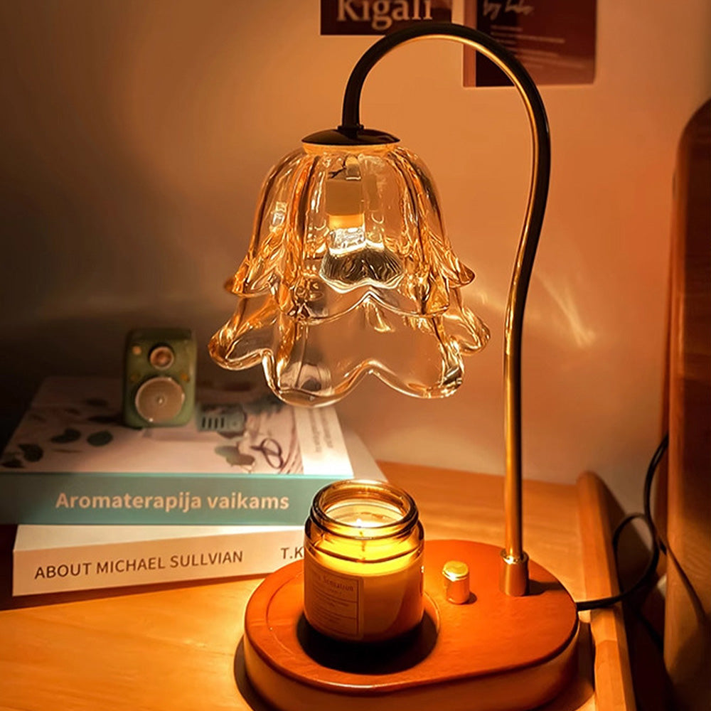 Vintage Flower Glass Candle Warmer Lamp with Wooden Base