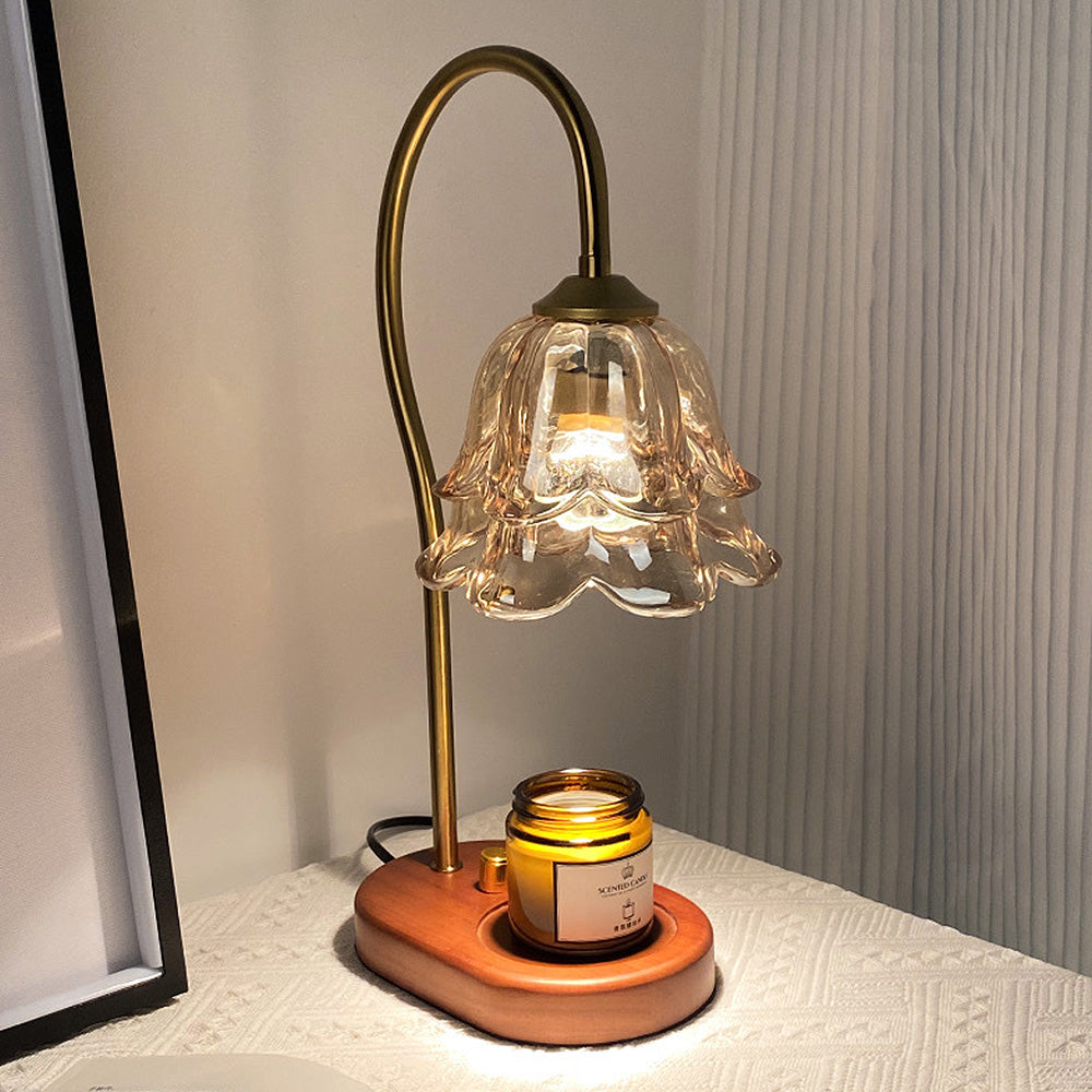 Vintage Flower Glass Candle Warmer Lamp with Wooden Base