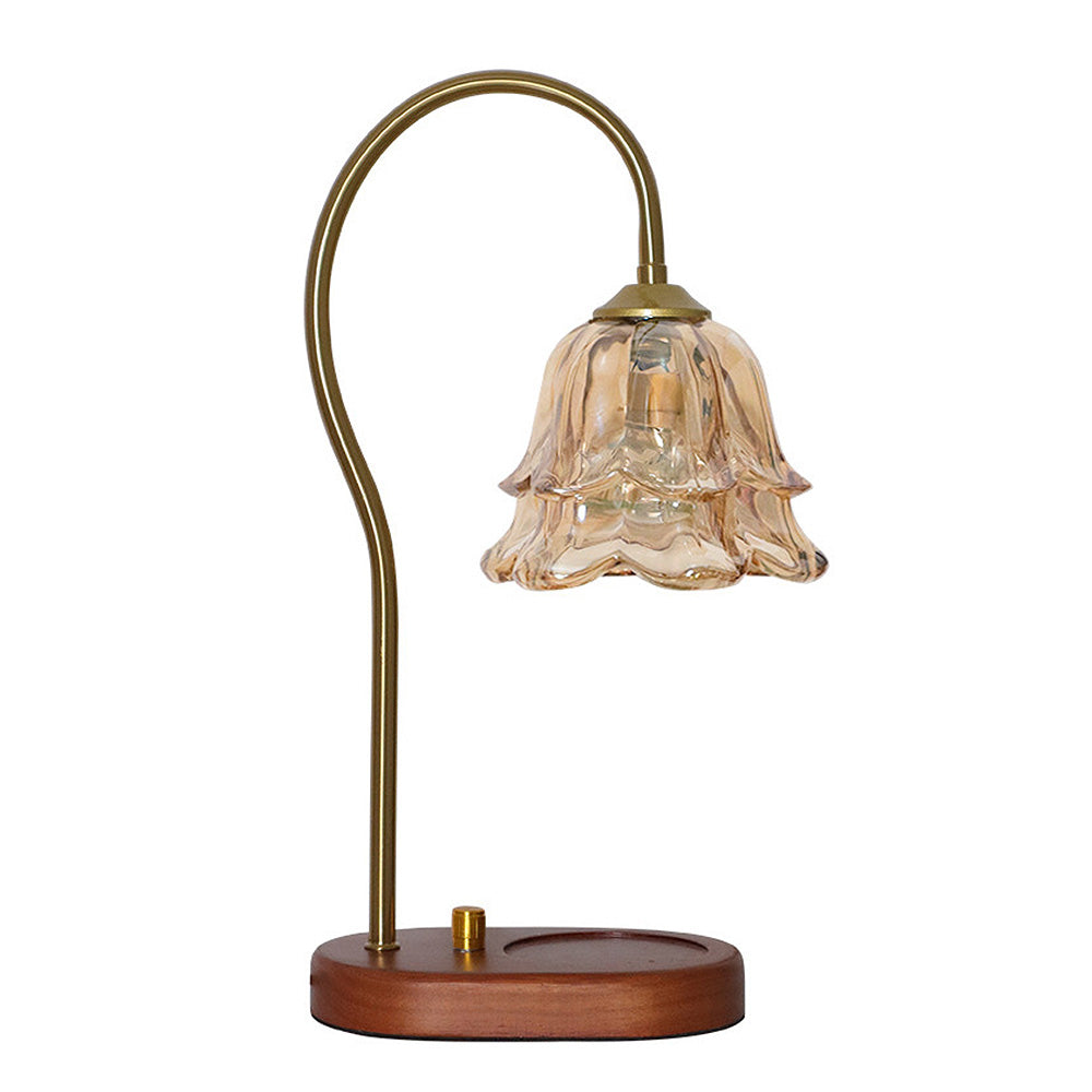 Vintage Flower Glass Candle Warmer Lamp with Wooden Base