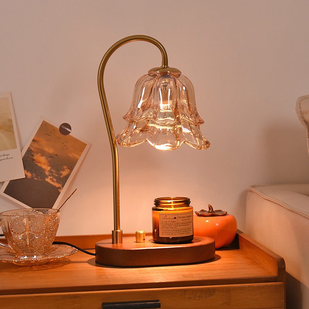 Vintage Flower Glass Candle Warmer Lamp with Wooden Base