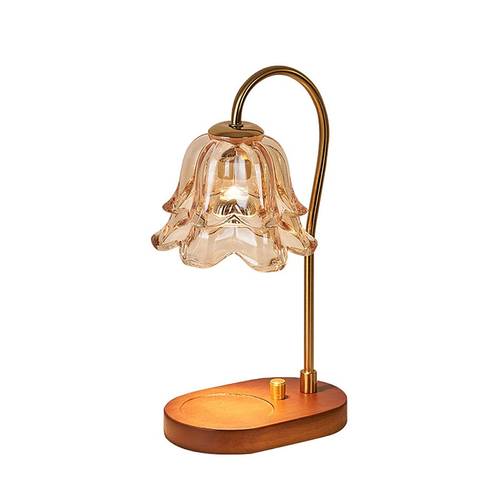 Vintage Flower Glass Candle Warmer Lamp with Wooden Base