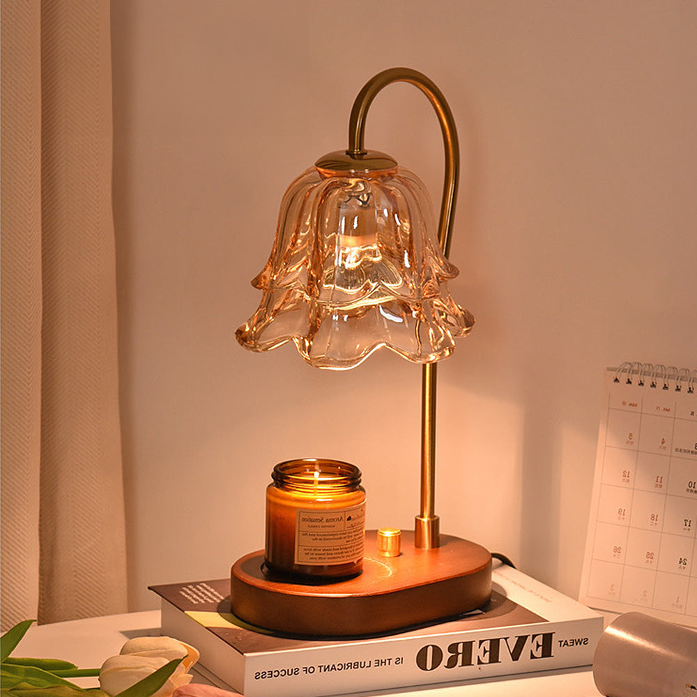Vintage Flower Glass Candle Warmer Lamp with Wooden Base