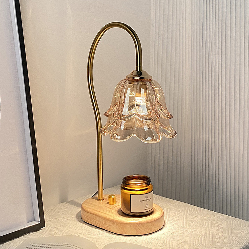 Vintage Flower Glass Candle Warmer Lamp with Wooden Base