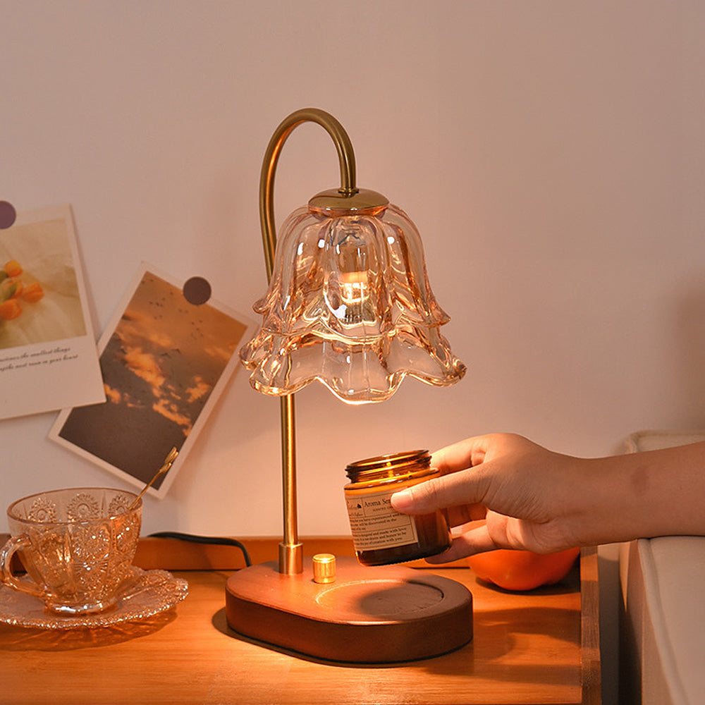 Vintage Flower Glass Candle Warmer Lamp with Wooden Base