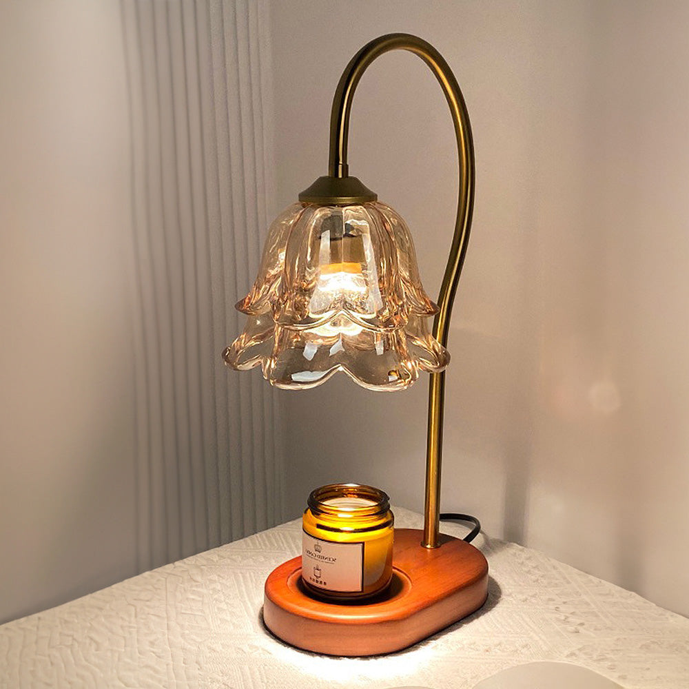 Vintage Flower Glass Candle Warmer Lamp with Wooden Base