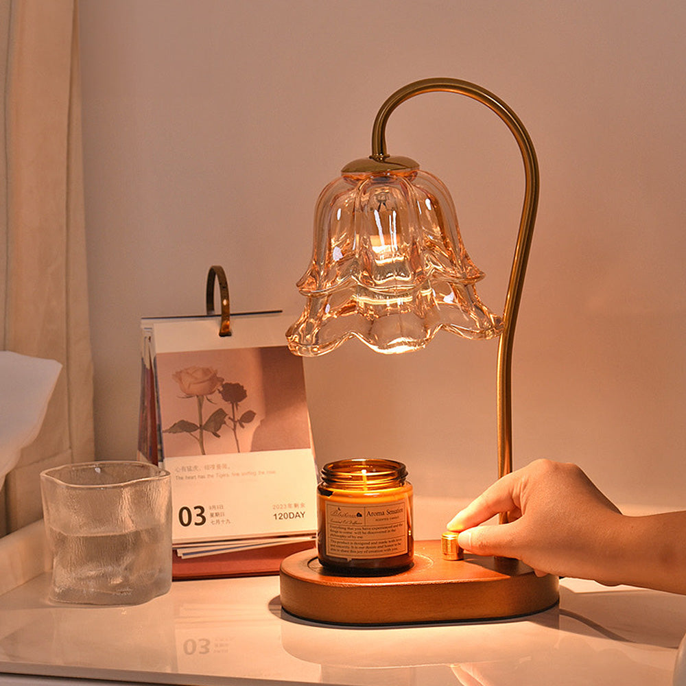 Vintage Flower Glass Candle Warmer Lamp with Wooden Base