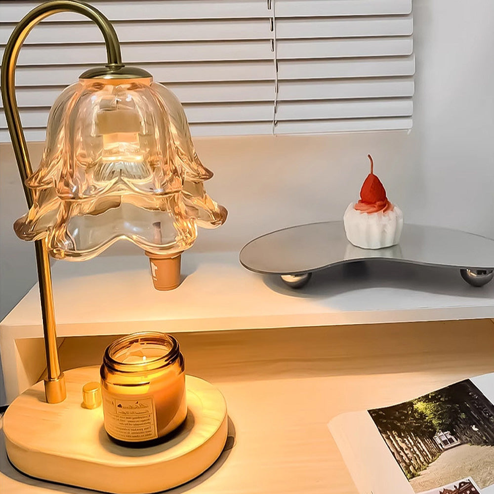 Vintage Flower Glass Candle Warmer Lamp with Wooden Base