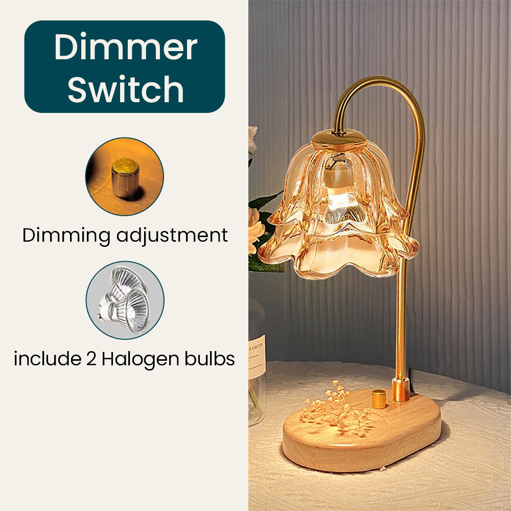 Vintage Flower Glass Candle Warmer Lamp with Wooden Base