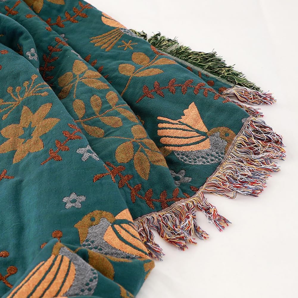 Teal Floral Meadow Throw Blanket with Birds and Fringes