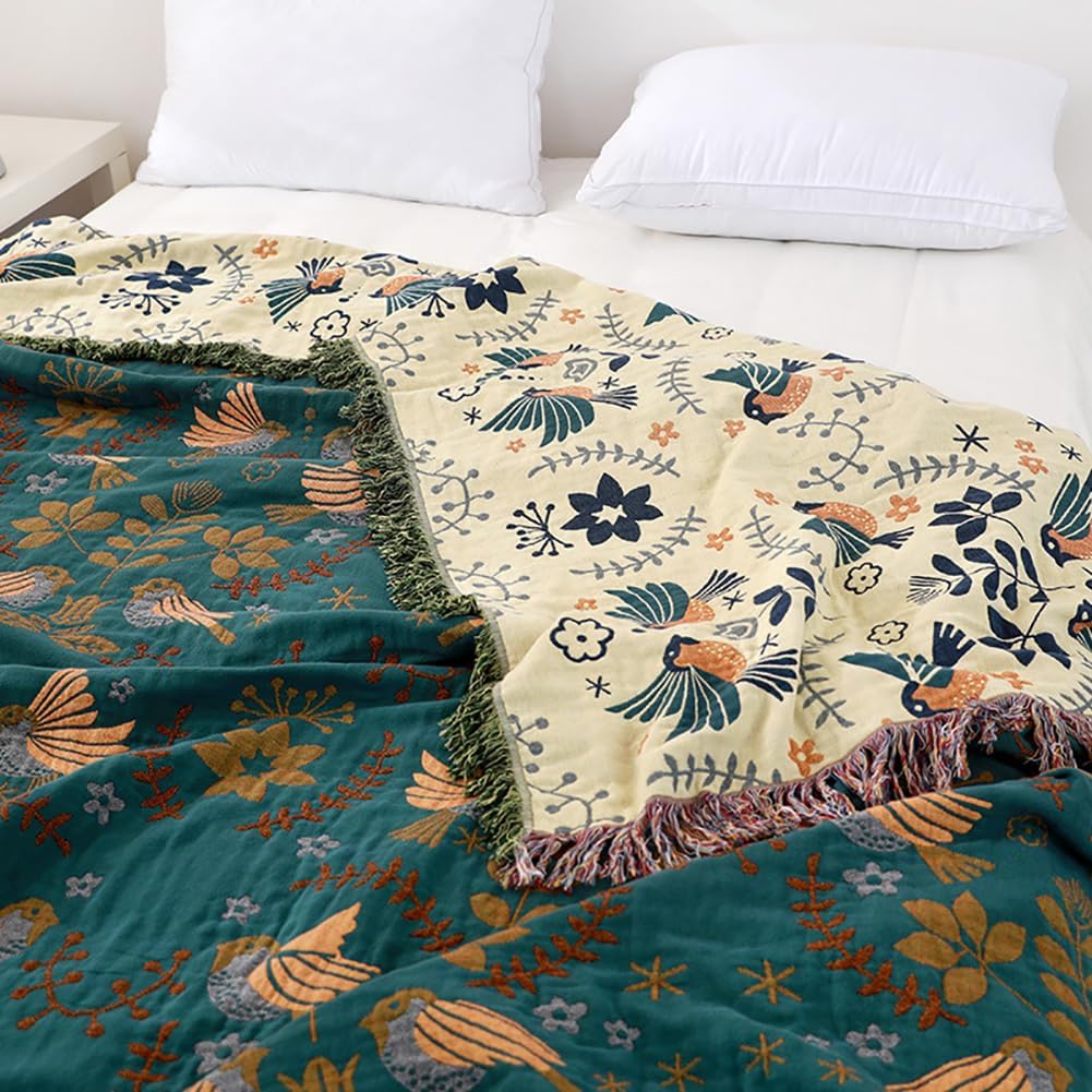 Teal Floral Meadow Throw Blanket with Birds and Fringes