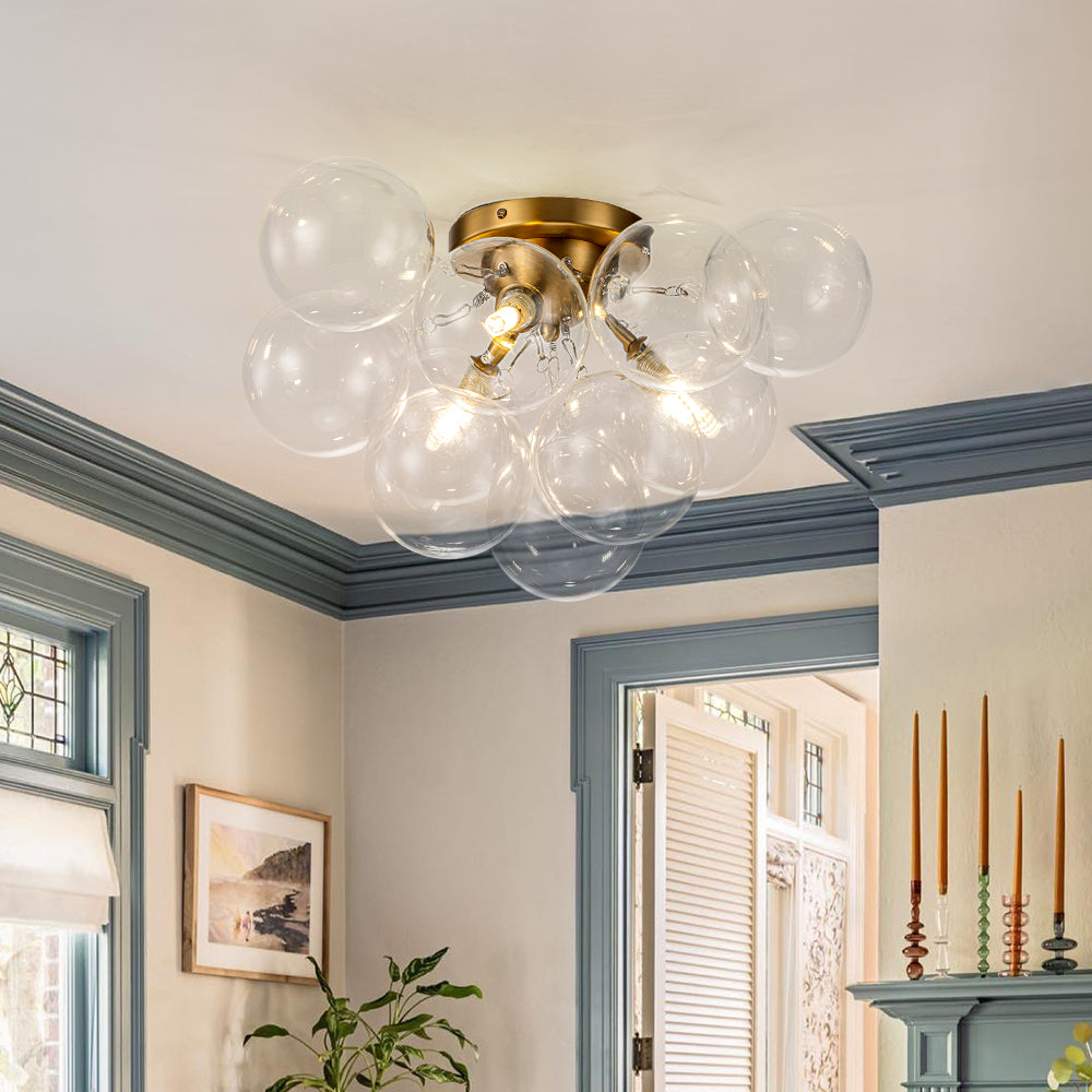 Brass Cluster Glass Globe Bubble Ceiling Light with Three Clear Globes