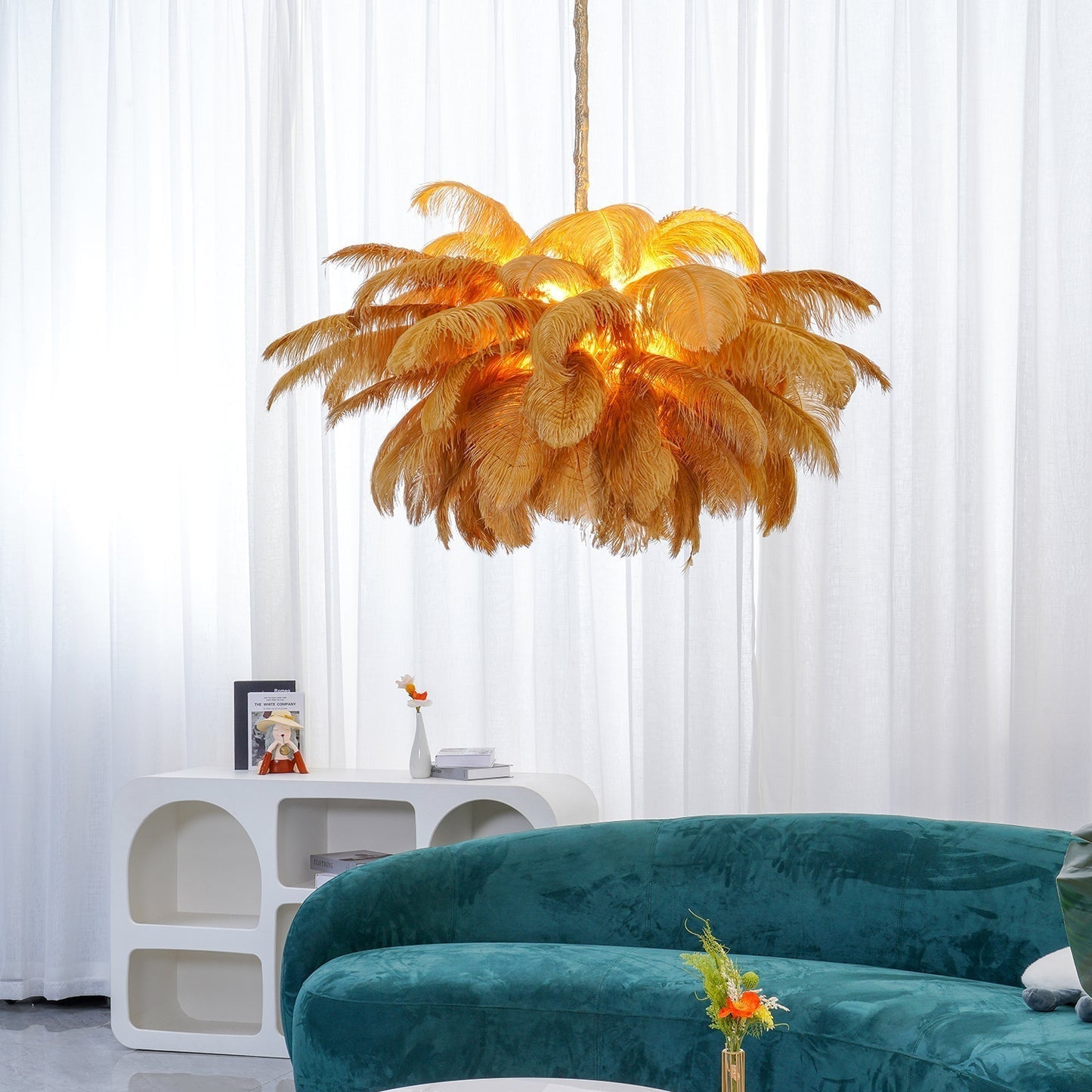 Luxury Ostrich Feather Brass Chandelier for Bedroom or Living Room