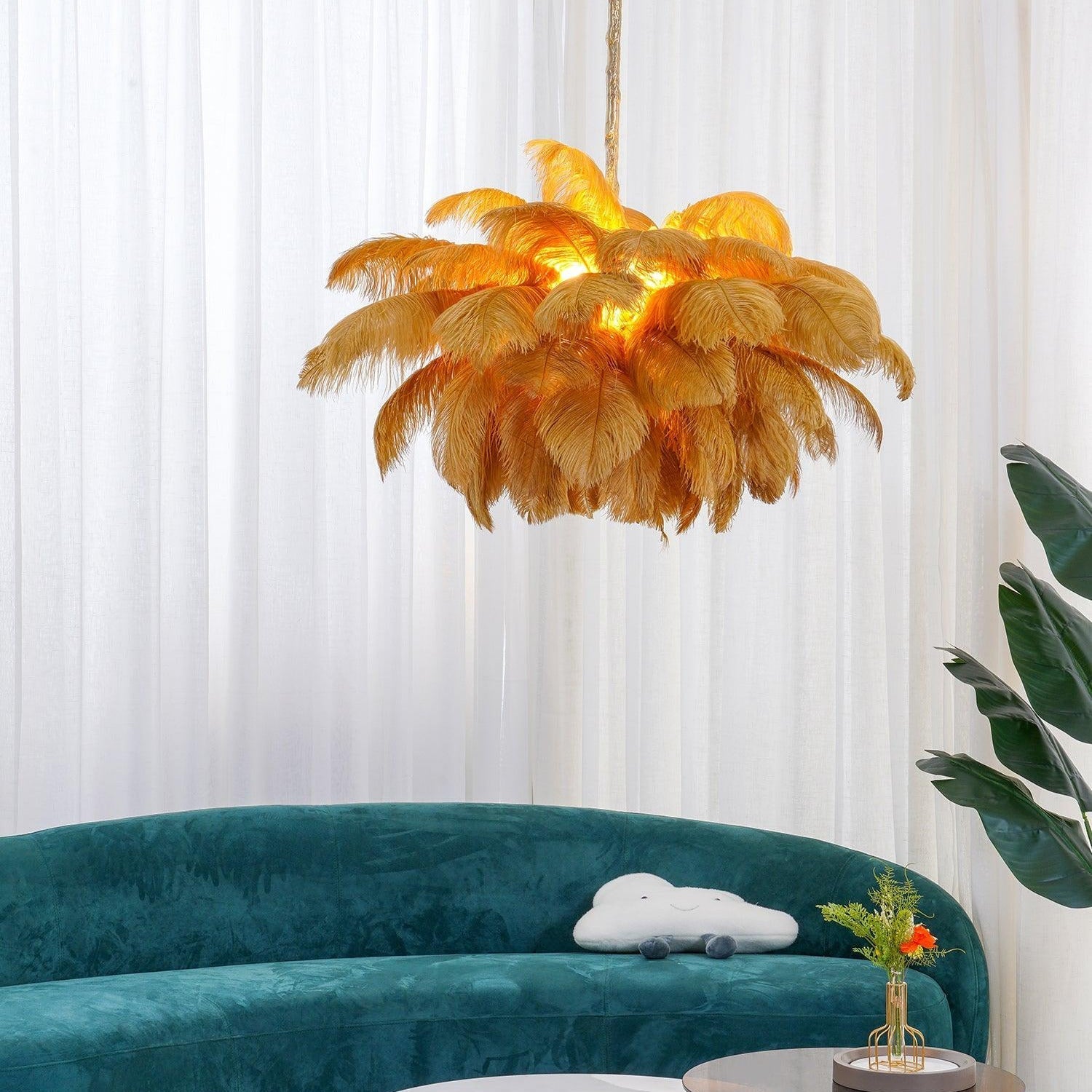 Luxury Ostrich Feather Brass Chandelier for Bedroom or Living Room