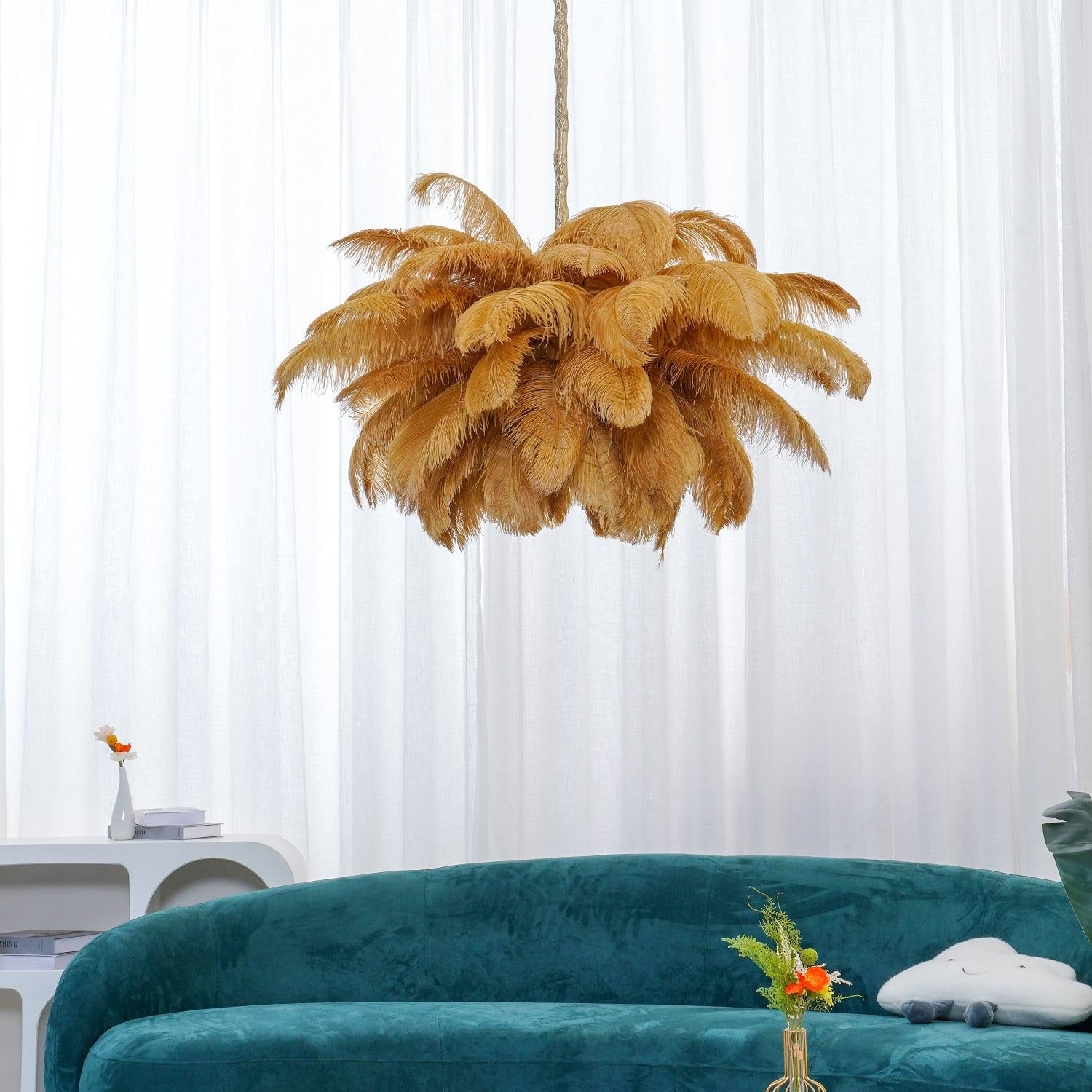 Luxury Ostrich Feather Brass Chandelier for Bedroom or Living Room