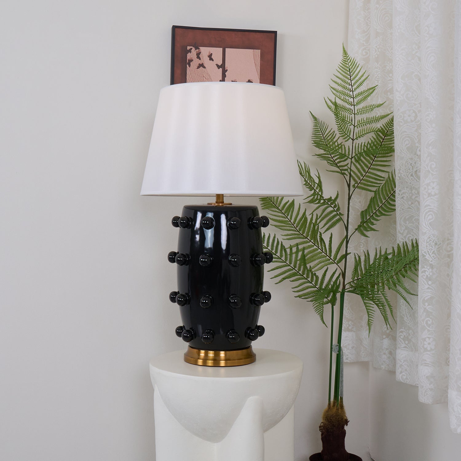 Polka Dot Ceramic Table Lamp with Fabric Shade and Brass Accents