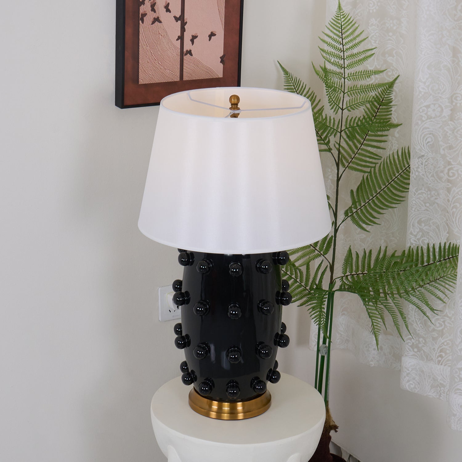 Polka Dot Ceramic Table Lamp with Fabric Shade and Brass Accents