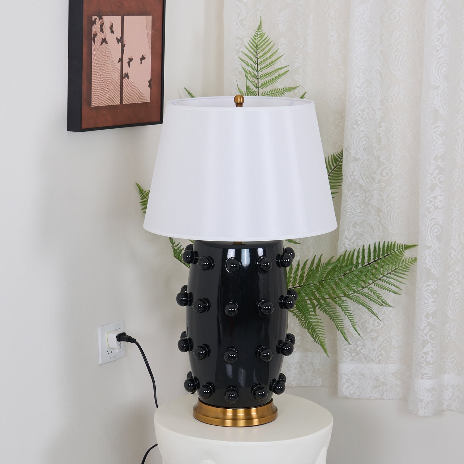 Polka Dot Ceramic Table Lamp with Fabric Shade and Brass Accents