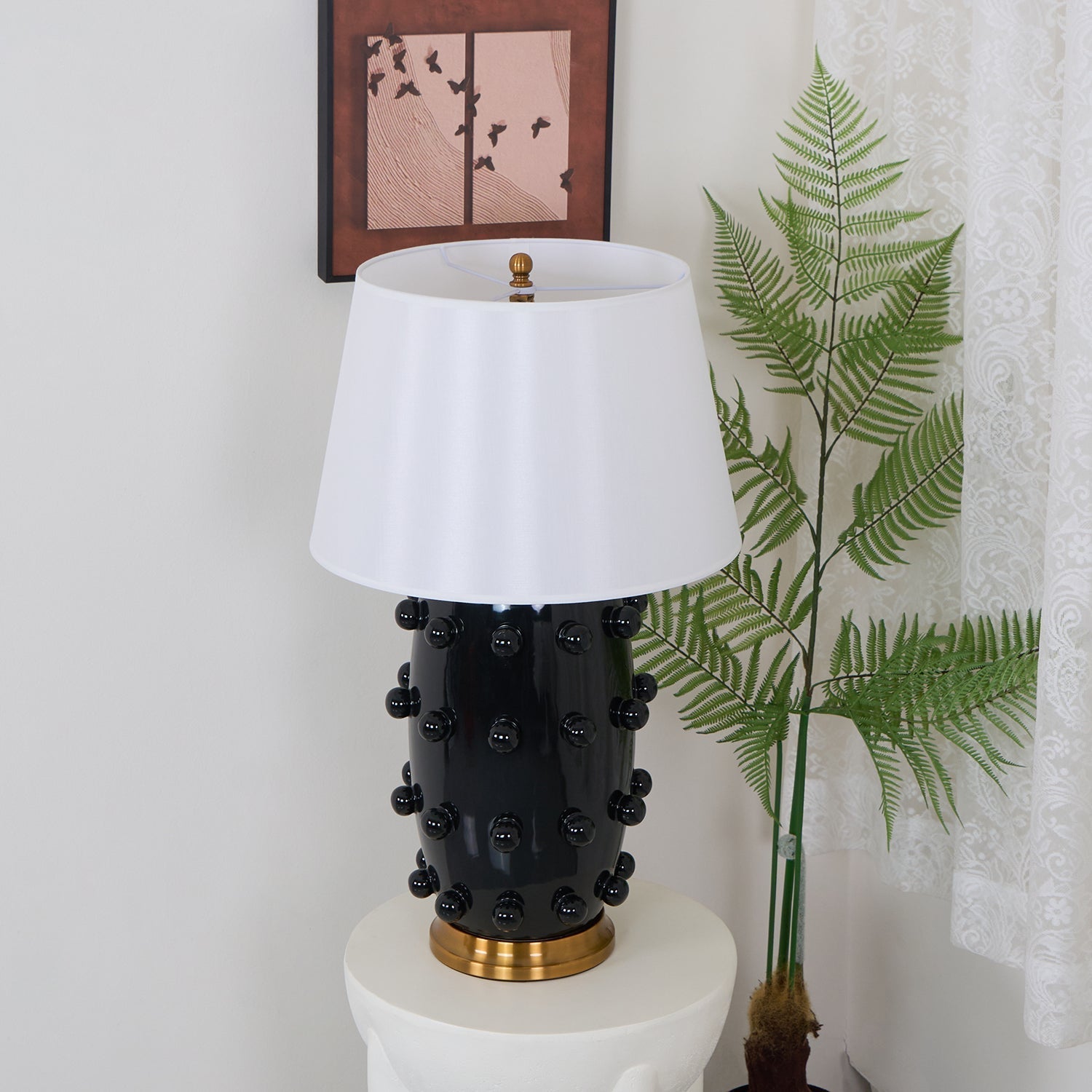 Polka Dot Ceramic Table Lamp with Fabric Shade and Brass Accents