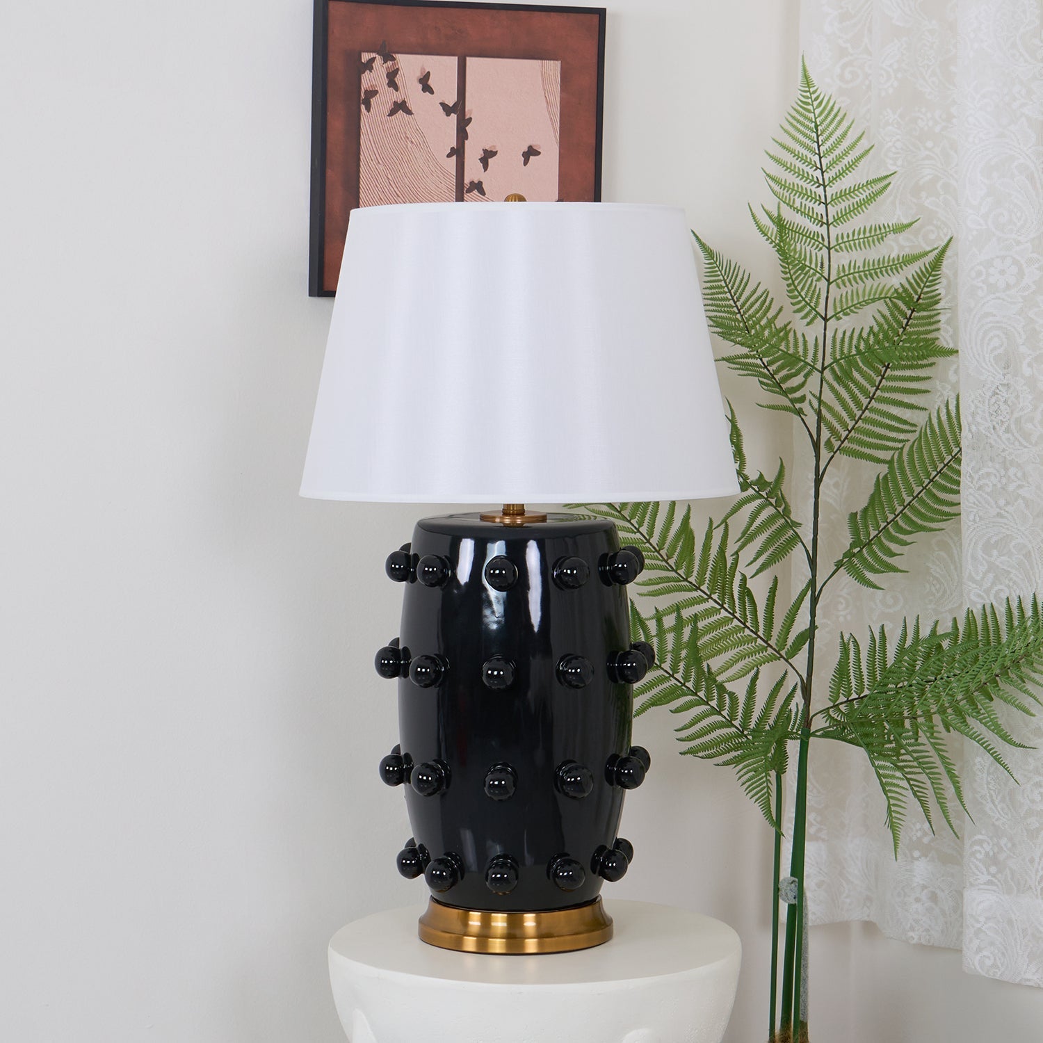 Polka Dot Ceramic Table Lamp with Fabric Shade and Brass Accents