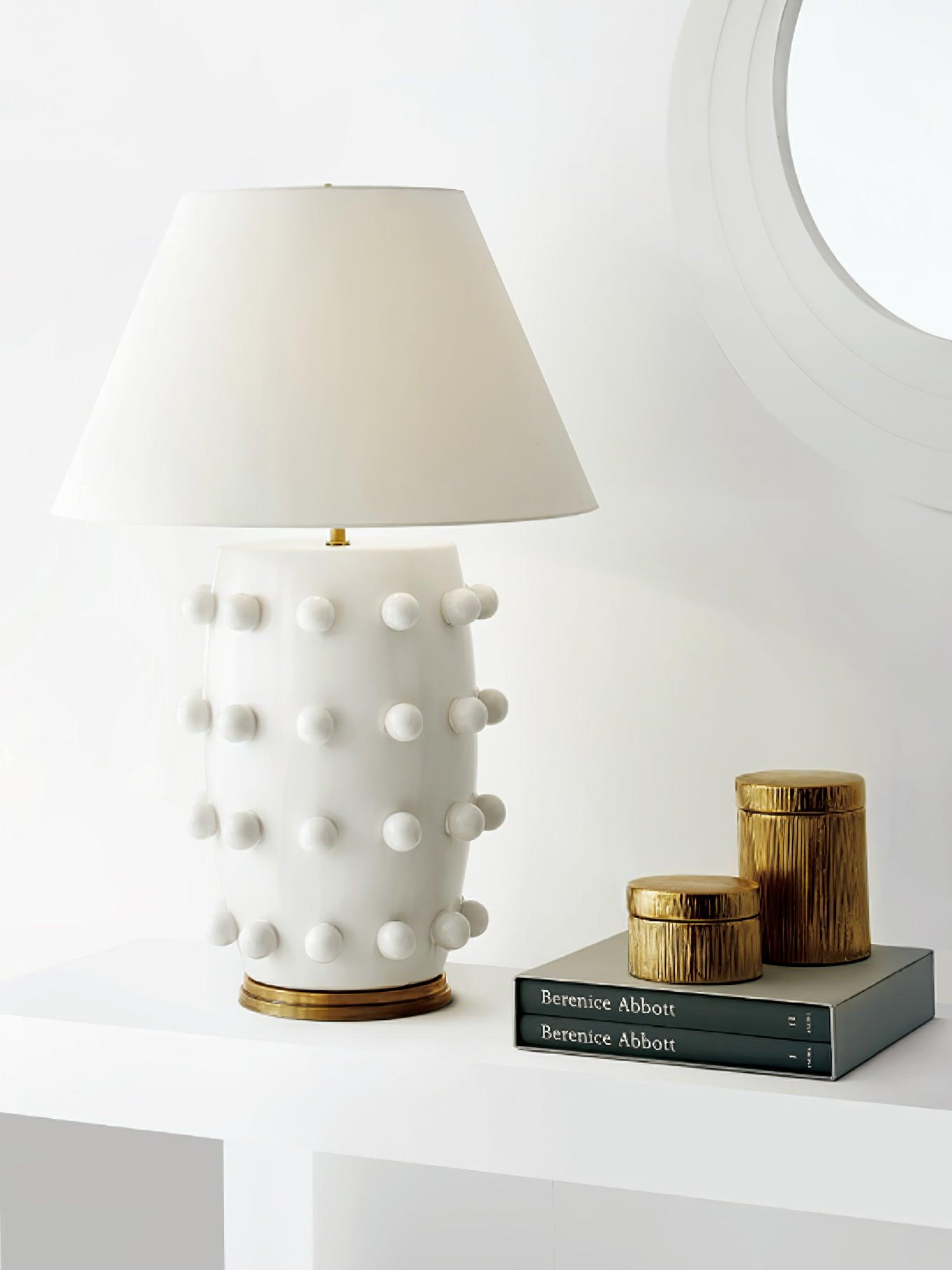 Polka Dot Ceramic Table Lamp with Fabric Shade and Brass Accents