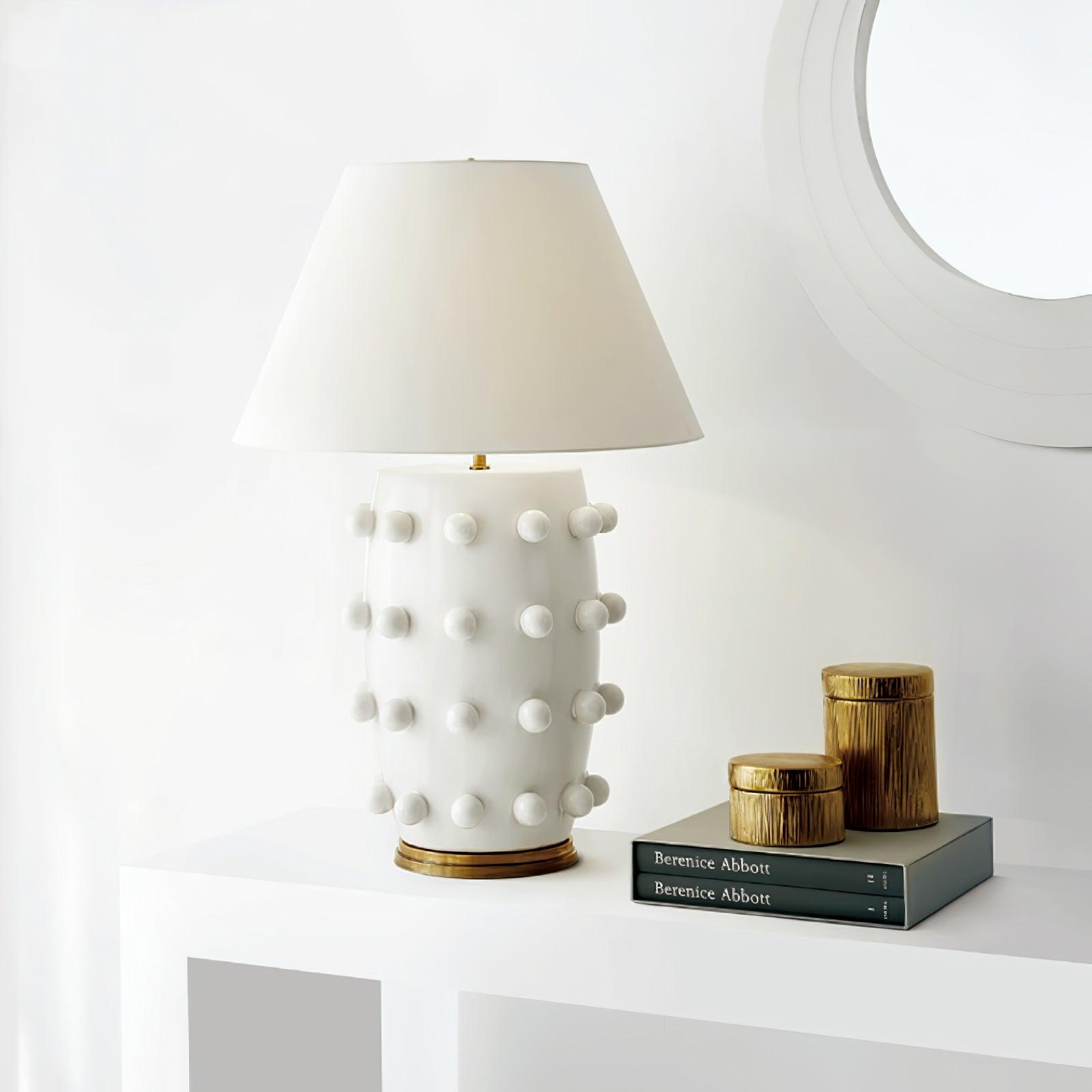 Polka Dot Ceramic Table Lamp with Fabric Shade and Brass Accents
