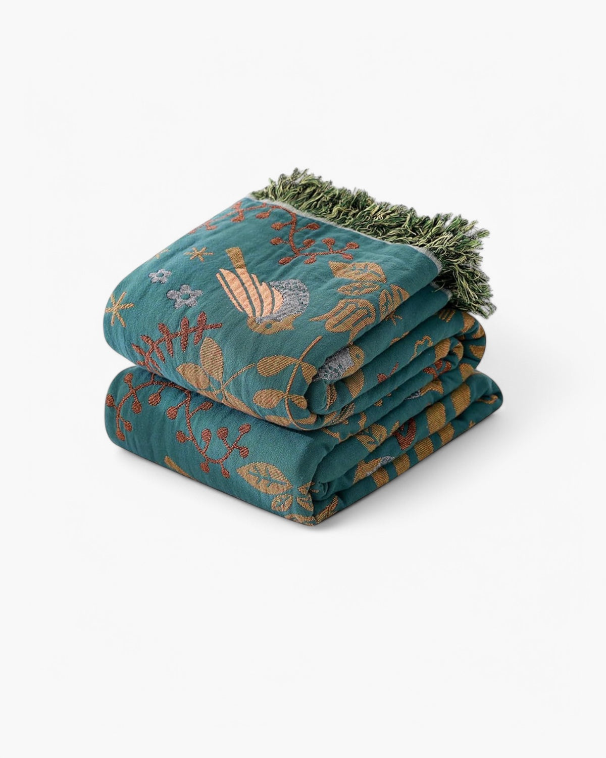 Teal Floral Meadow Throw Blanket with Birds and Fringes