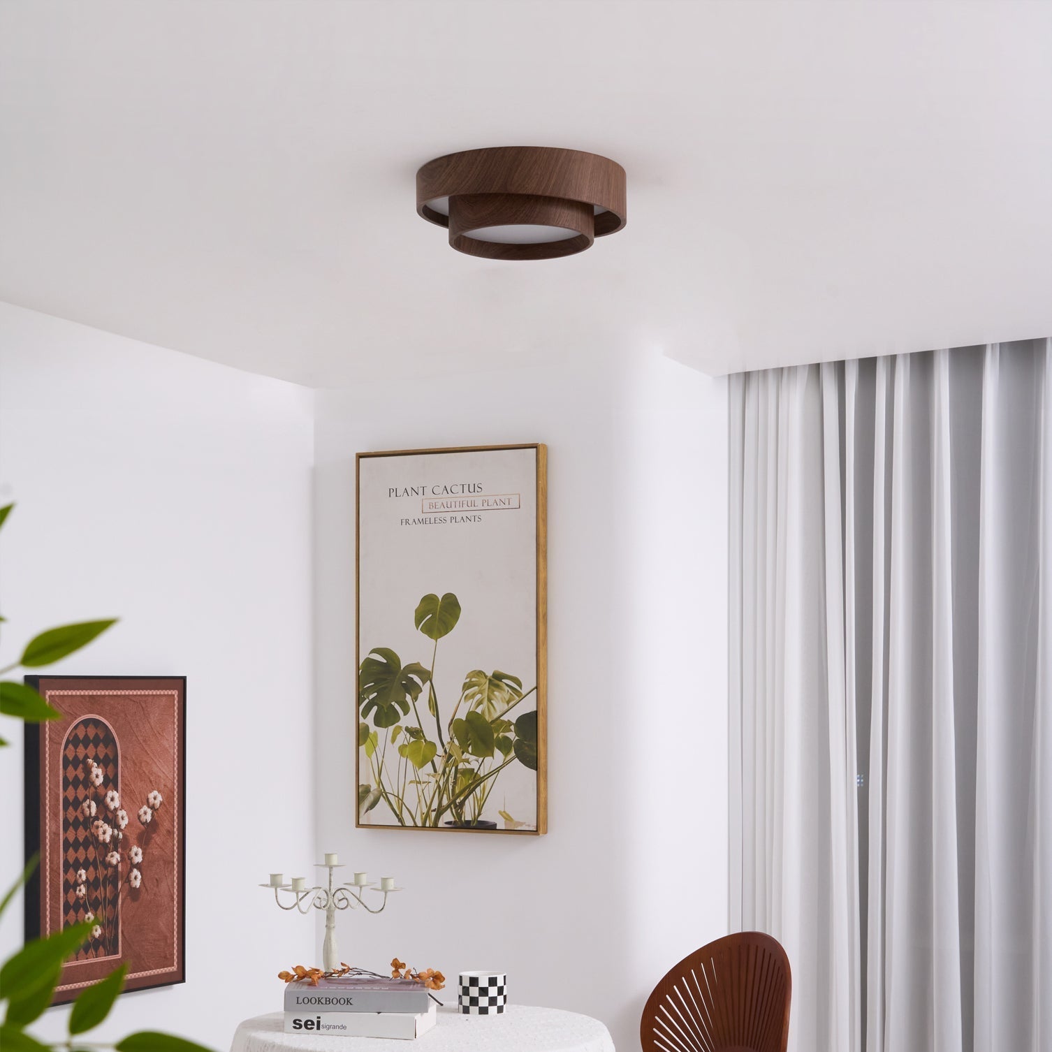 Double Ring Walnut Ceiling Light Modern Flush Mount