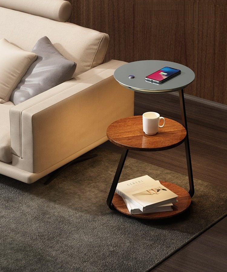 Modern Double-Layer Side Table with Stone or Wood Top