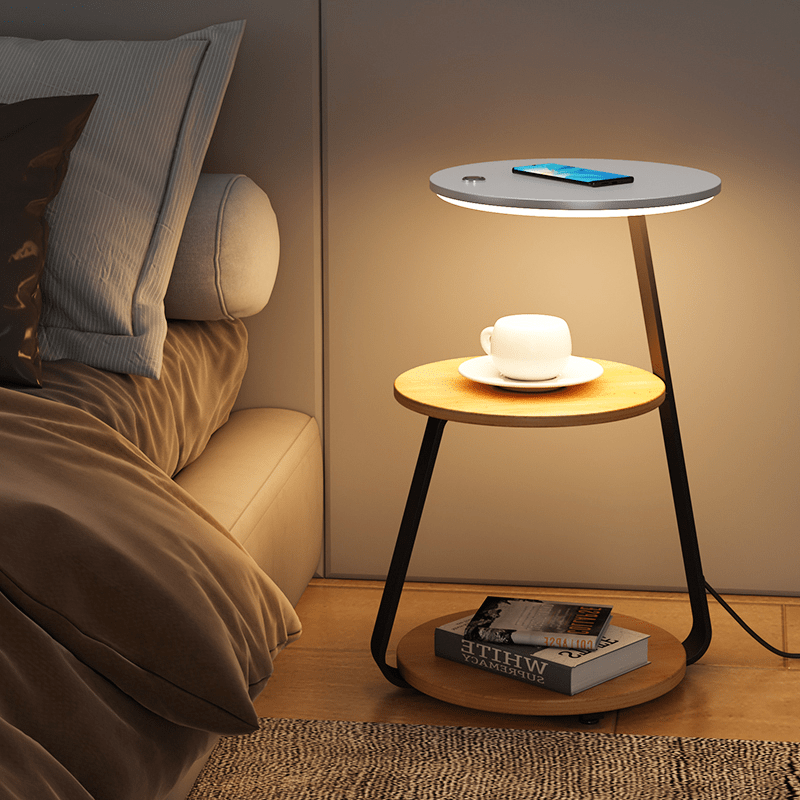 Modern Double-Layer Side Table with Stone or Wood Top