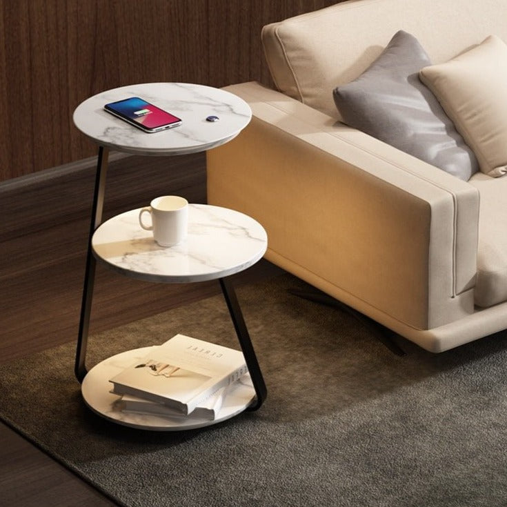 Modern Double-Layer Side Table with Stone or Wood Top