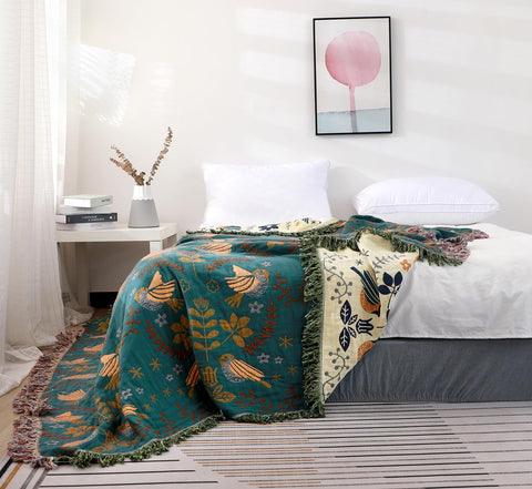 Teal Floral Meadow Throw Blanket with Birds and Fringes