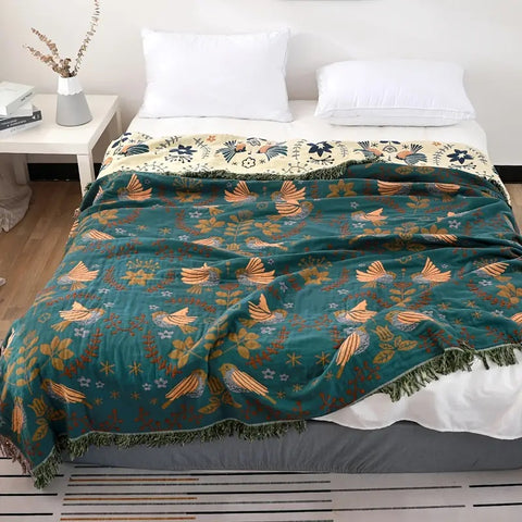 Teal Floral Meadow Throw Blanket with Birds and Fringes