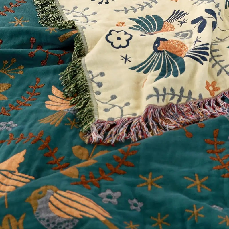 Teal Floral Meadow Throw Blanket with Birds and Fringes