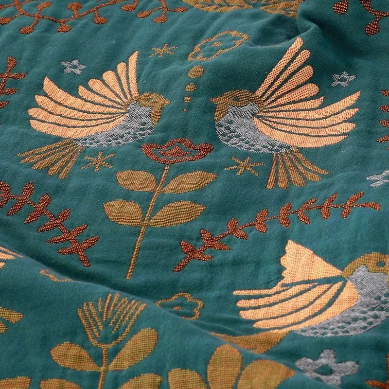 Teal Floral Meadow Throw Blanket with Birds and Fringes
