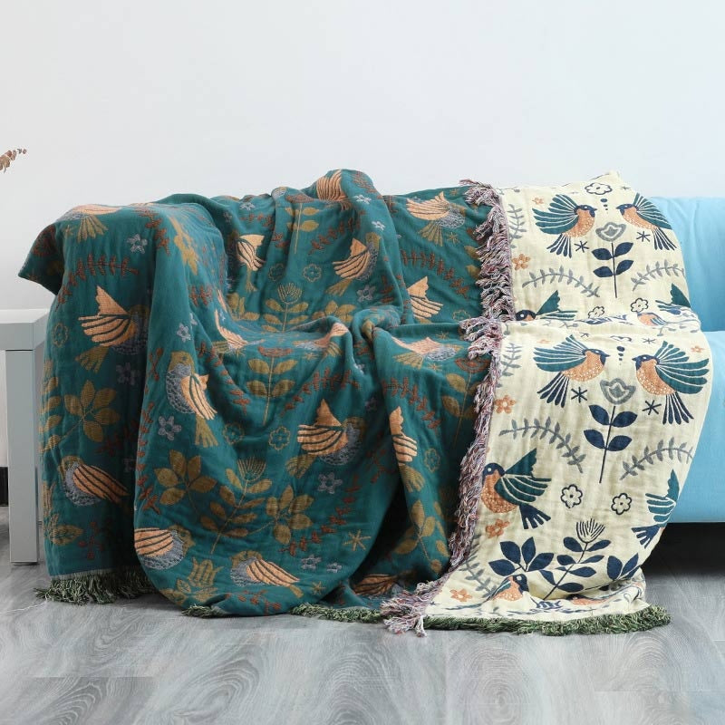 Teal Floral Meadow Throw Blanket with Birds and Fringes