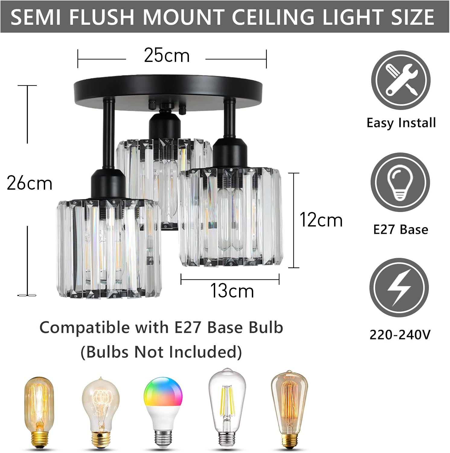 Modern Crystal Semi Flush Ceiling Light with E27 Sockets