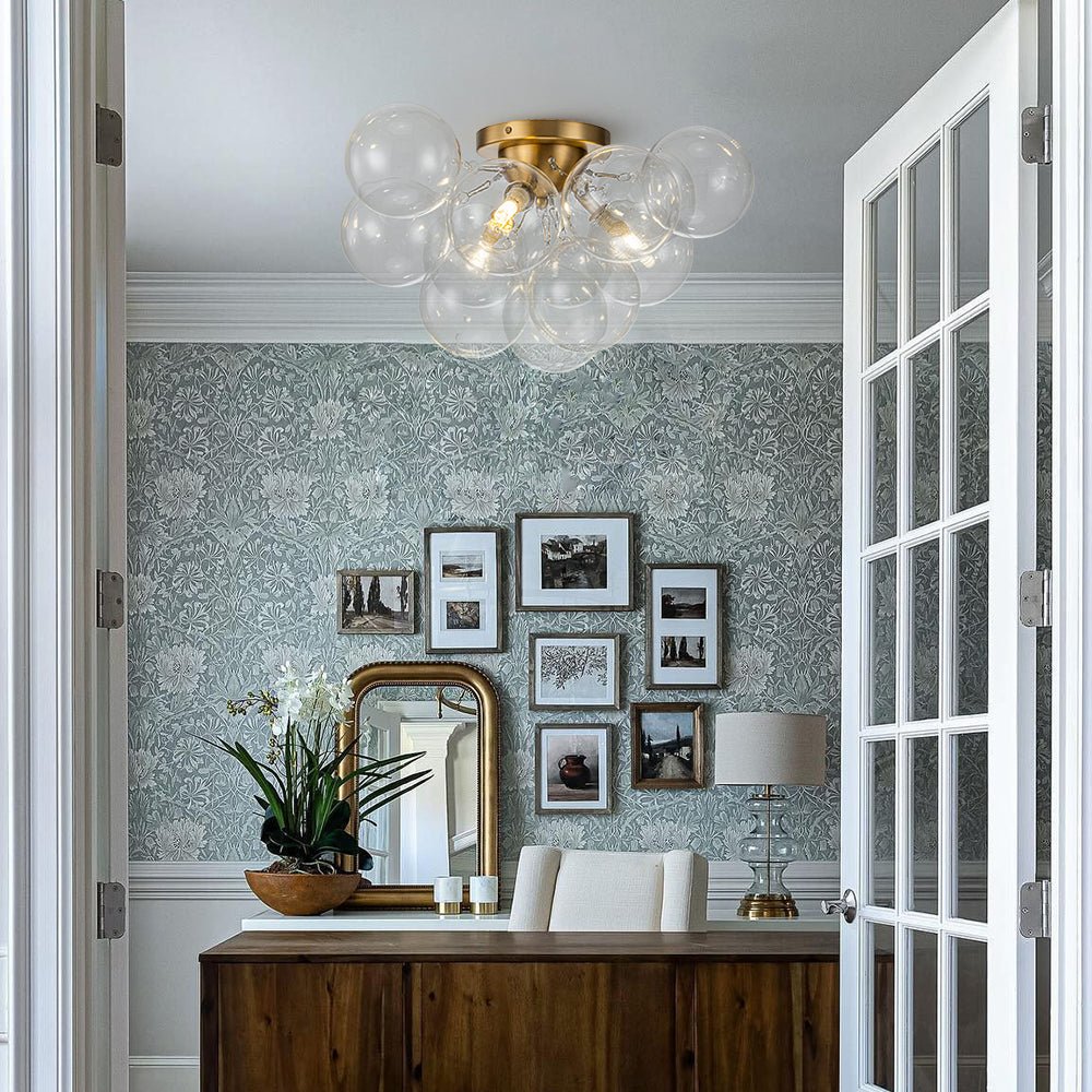Brass Cluster Glass Globe Bubble Ceiling Light with Three Clear Globes