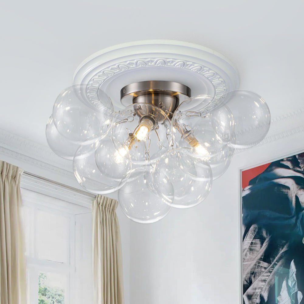 Brass Cluster Glass Globe Bubble Ceiling Light with Three Clear Globes