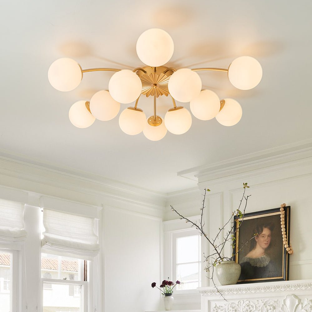12 Light Opal Glass Bubble Sputnik Chandelier in Brass Finish