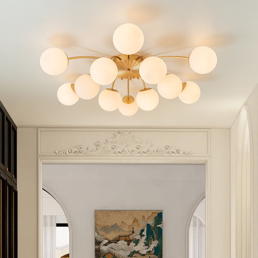 12 Light Opal Glass Bubble Sputnik Chandelier in Brass Finish