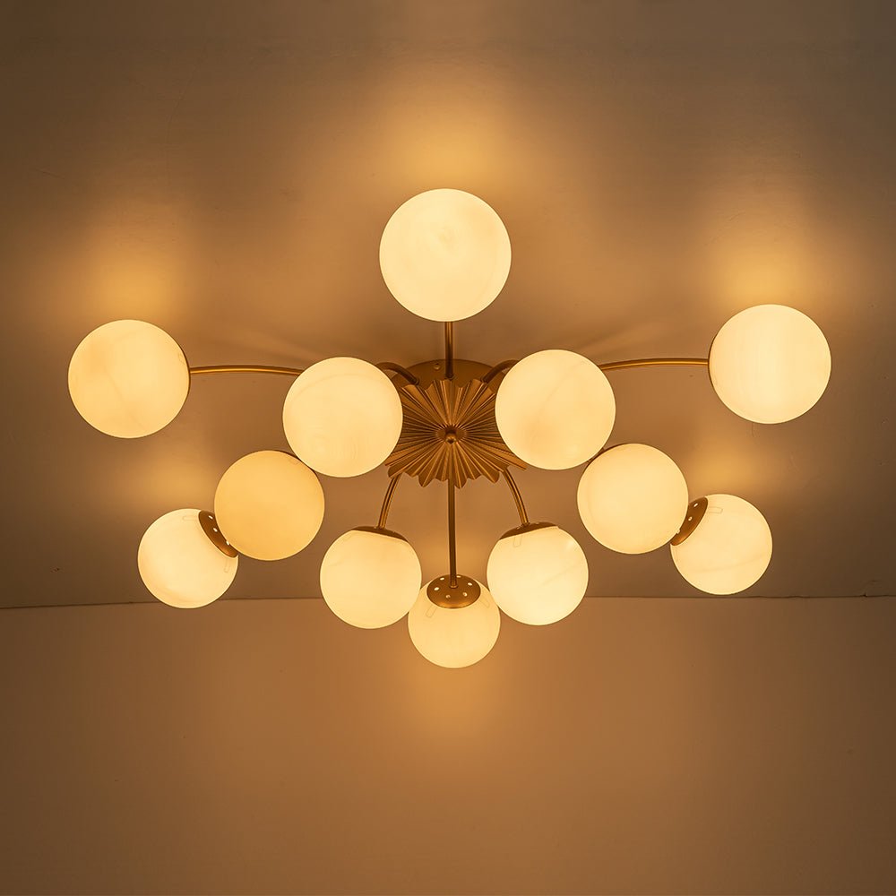 12 Light Opal Glass Bubble Sputnik Chandelier in Brass Finish