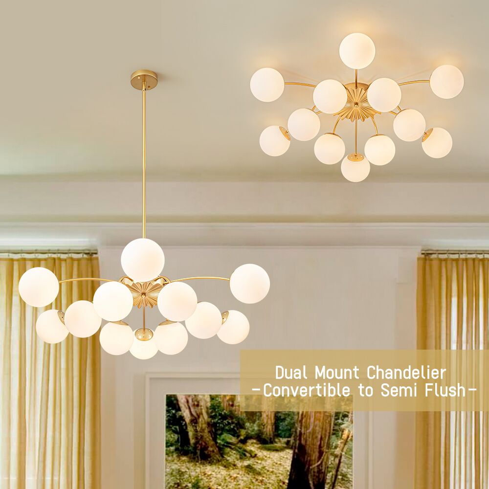 12 Light Opal Glass Bubble Sputnik Chandelier in Brass Finish