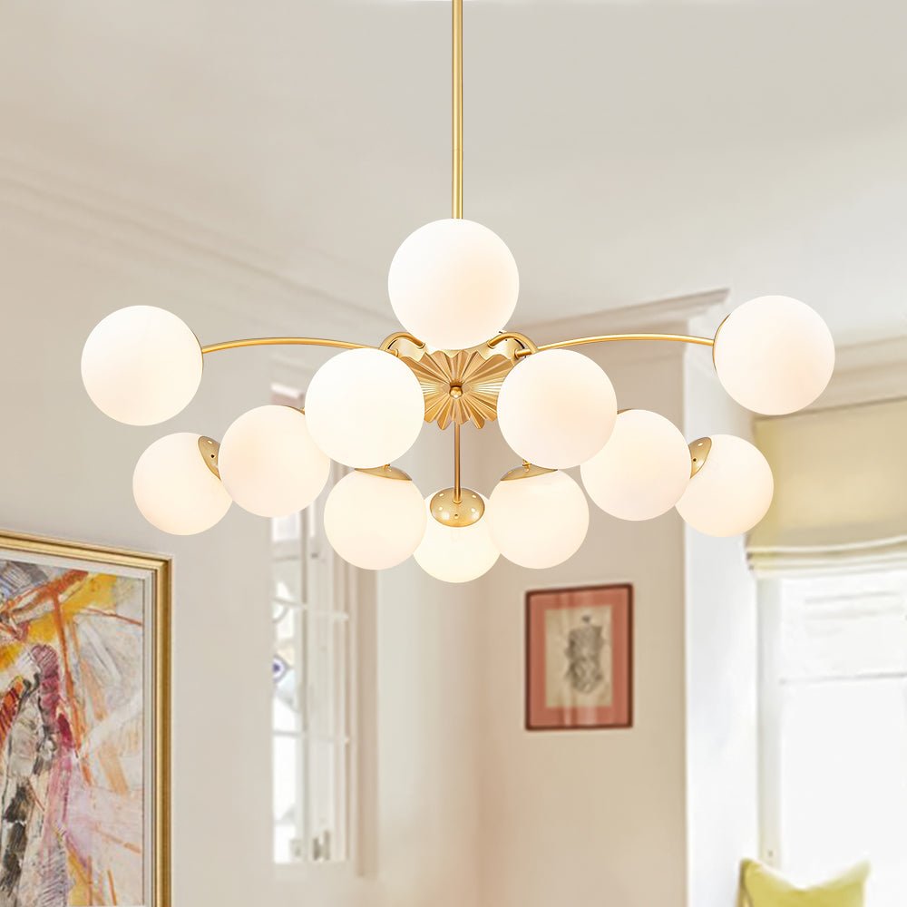 12 Light Opal Glass Bubble Sputnik Chandelier in Brass Finish