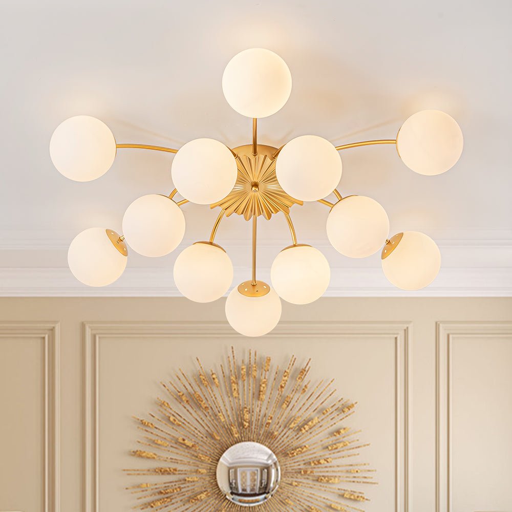 12 Light Opal Glass Bubble Sputnik Chandelier in Brass Finish