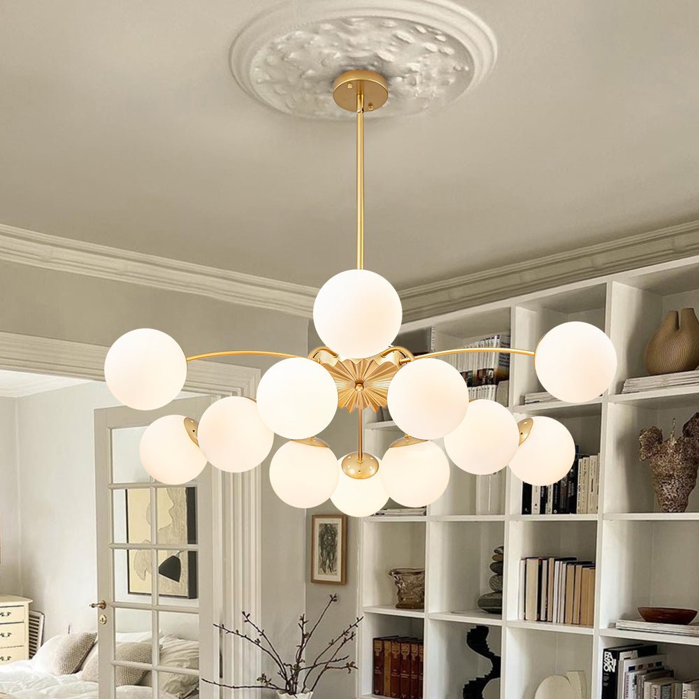 12 Light Opal Glass Bubble Sputnik Chandelier in Brass Finish