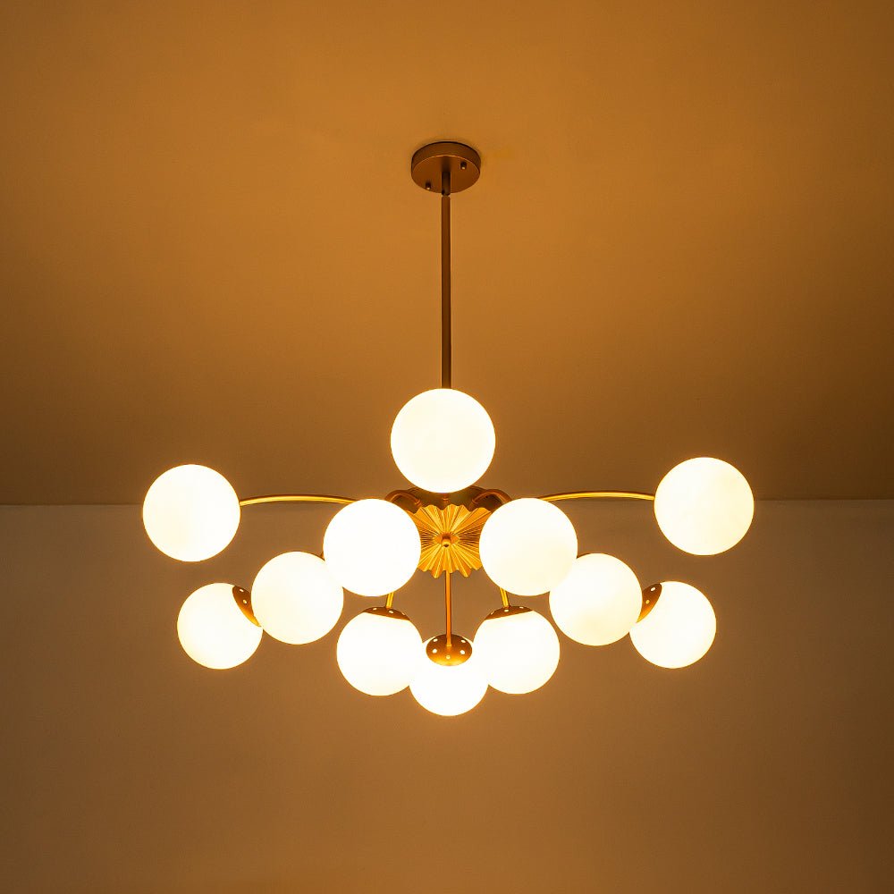 12 Light Opal Glass Bubble Sputnik Chandelier in Brass Finish