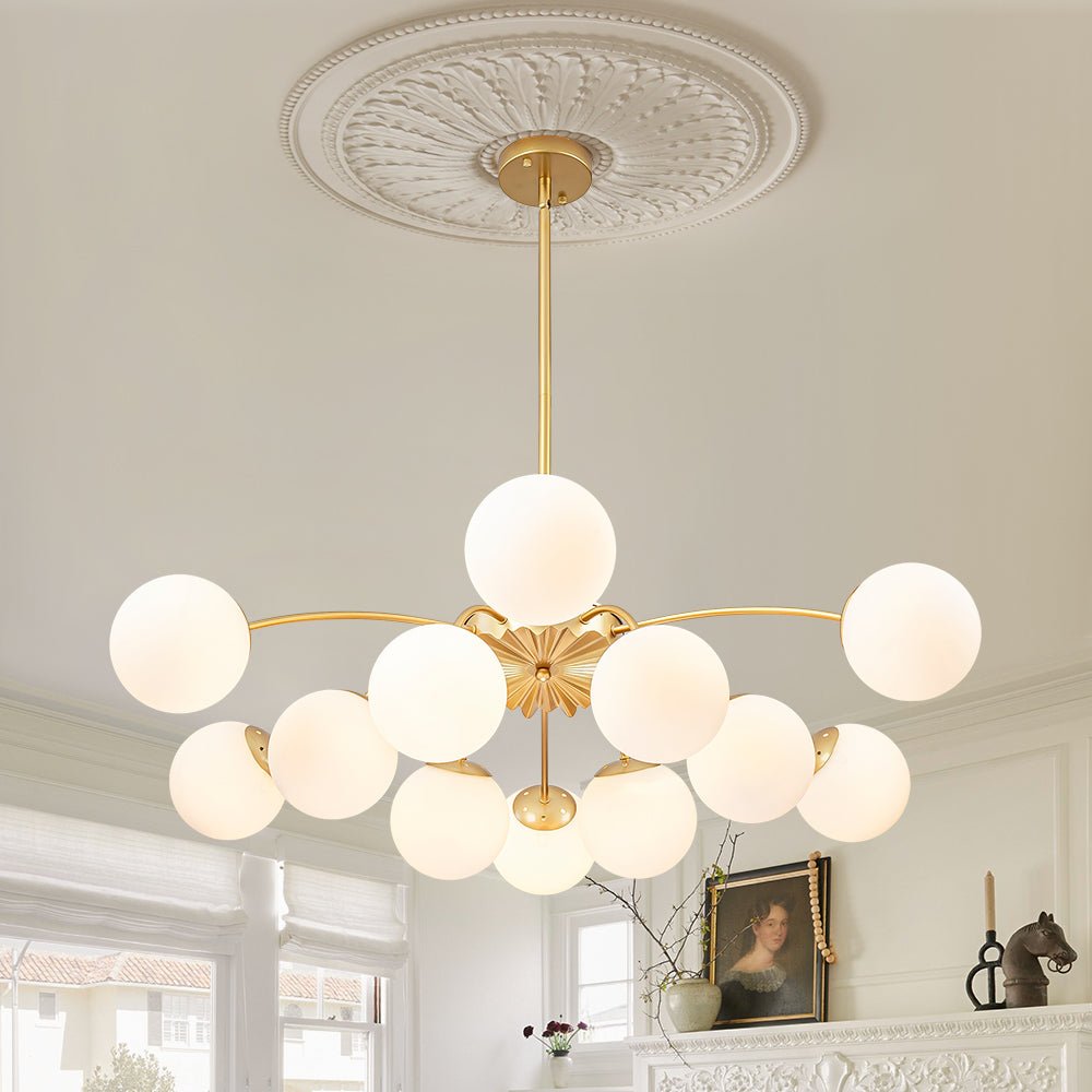 12 Light Opal Glass Bubble Sputnik Chandelier in Brass Finish