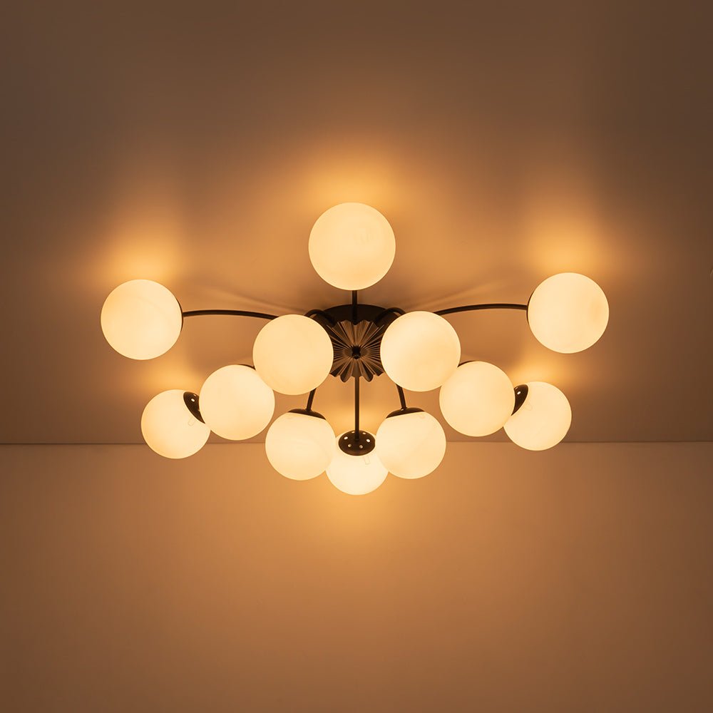 12 Light Opal Glass Bubble Sputnik Chandelier in Brass Finish